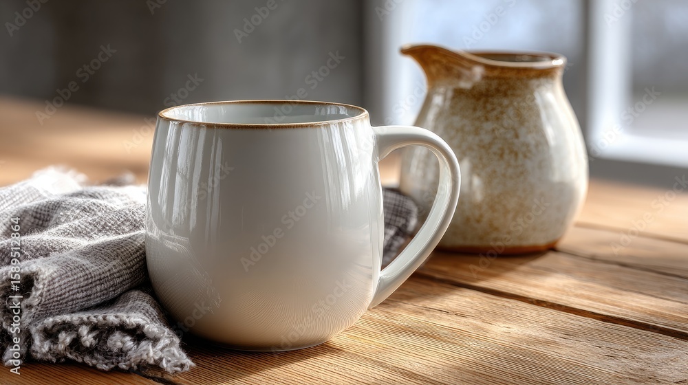 Poster rustic wooden mug and clay jug rest on checkered cloth, illuminated by soft natural light creating a