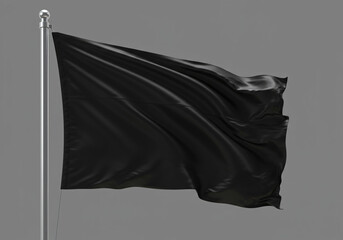 black  flag waving in the wind on flagpole, isolated on gray background, closeup 