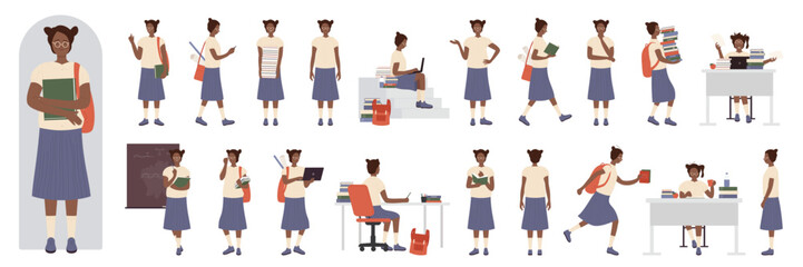 African american black girl student with glasses, laptop and school bag poses in side, front and back view set vector illustration. Cartoon clever cute female teenage holding books, standing, running