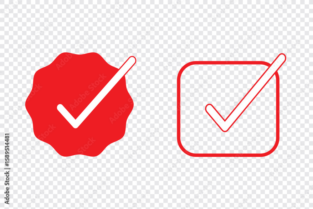 Poster red check mark icon. verified badge, verification symbol set. check mark illustration on transparent