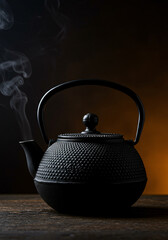 Black Cast Iron Teapot with Orange Handle Steaming in Dark Setting 