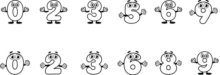 Obraz premium A collection of black and white cartoon number characters. Cute and funny digits with expressive faces, hands, and feet, designed as educational mascots for children's coloring. 