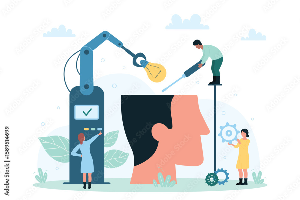 Poster artificial intelligence development, robot and machine learning vector illustration. cartoon tiny en