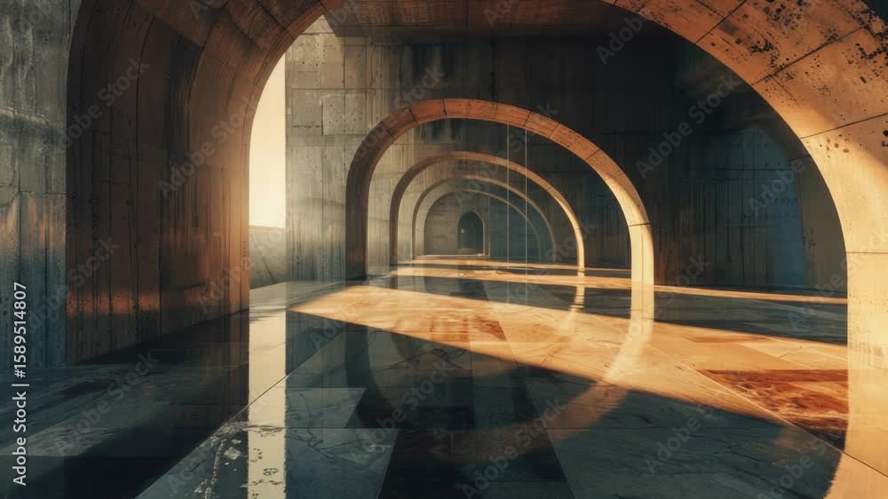 Poster a tunnel with a bright sun reflection on the floor, great for abstract backgrounds and architecture 