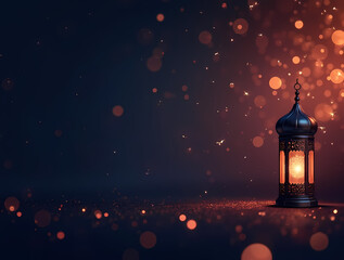 Glowing Lantern in Mystical Ambiance: An enchanting lantern emanates a warm, inviting light amidst a dark, ethereal backdrop sprinkled with soft bokeh, creating an atmosphere of serenity and mystery.