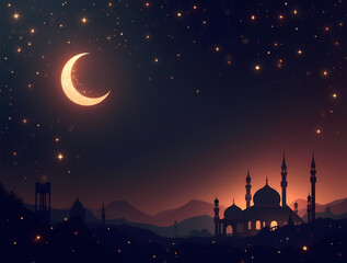 Night Mosque under Crescent Moon: A majestic mosque silhouette is dramatically set against a night sky, a crescent moon, and twinkling stars, evoking a sense of peace and spirituality.
