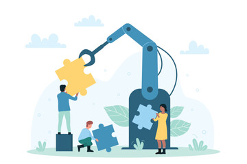 Business process automation, use of robots and machines vector illustration. Cartoon tiny people connecting puzzle pieces with robotic arm, operation of automated systems and software. Startup concept