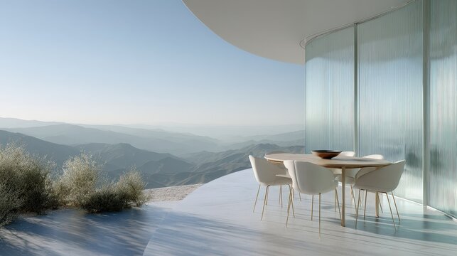 A modern outdoor dining area with minimalist furniture overlooking a serene mountain range under clear skies.