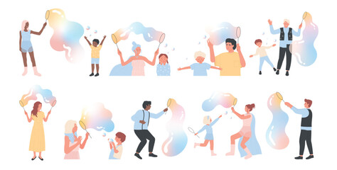 Soap bubble show set vector illustration. Cartoon isolated kids and adults play and blow giant balloons, adorable little girls and boys blowing big bubbles, spheres and air balls on foam party