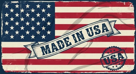 Celebrating American Craftsmanship Made in USA declaration on a vintage flag in patriotic red white