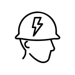 Hard hat with lightning bolt symbol for electrician work, minimalistic black line drawing