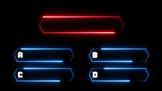 Neon line quiz animation, multiple choice options interface, glowing question template on black background
