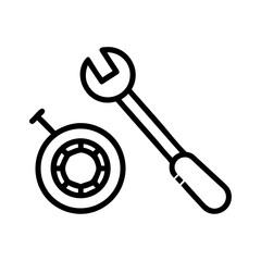 Socket wrench and tire for automotive repair, minimalistic black line drawing