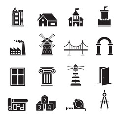 Building and Architecture glyph icon set. Vector symbols for construction, real estate, and landmarks.