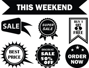 Fototapeta premium Weekend sale, discount label, badges banners set, black silhouette