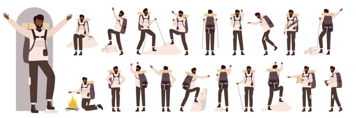 Fototapeta premium Cartoon man holding map, backpack and hike sticks trekking, climbing on nature rocks, hiker pointing. African american black male tourist character in side, front and back view set vector illustration