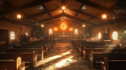 Sunlit Church Interior, Pews, Altar