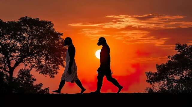 Silhouette figures at sunset depicting evolution