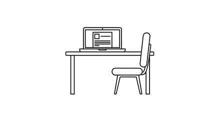 Simple line drawing of a desk with a laptop and chair, ready for work.