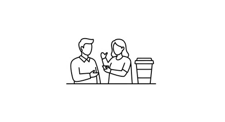 Line drawing of two people talking with a coffee cup on the table.