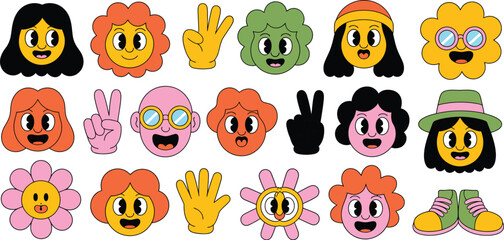 Groovy cartoon character sticker set. Collection of retro faces, flowers, and hand gestures in a vintage comic style. Isolated on a white background.
