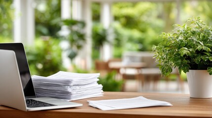 Fototapeta premium A laptop rests beside a stack of papers on a wooden desk, illuminated by daylight streaming in from a window, creating a calm workspace
