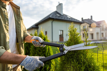 Young caucasian man cutting bushes with a prune in the garden