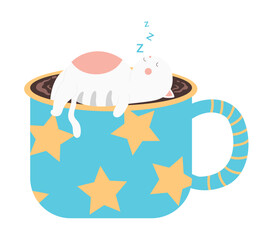Cute vector cats swim, sleep and relax in coffee or tea cup isolated in white background