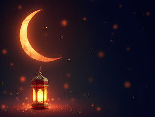 Glowing Moon and Lantern: A mystical scene unfolds under the enchanting glow of a crescent moon and a lantern emitting warm light in the darkness of the night sky.