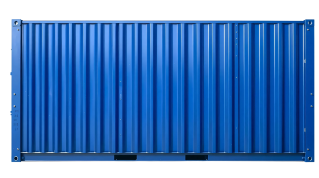 Blue shipping container standing upright isolated on transparent background