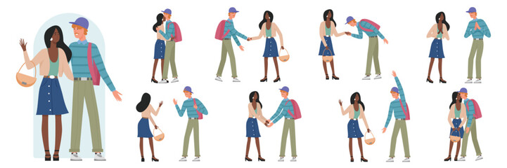 Fototapeta premium Couple characters greeting together in different poses set vector illustration. Cartoon young man and woman hug and kiss with love, happy two people use welcome and cheer gestures isolated on white
