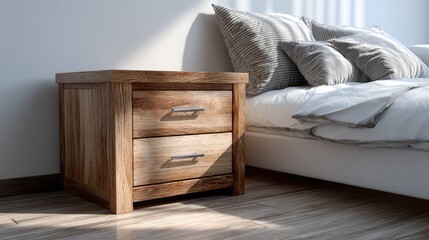 Light oak bedside table with drawers displays candles and fresh flowers, enhancing the serene ambiance of a sunny morning
