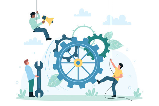 Maintenance and repair service with tiny technicians vector illustration. Cartoon handyman holding wrench, teamwork of professional characters to upgrade, fix devices or mechanism with work tools