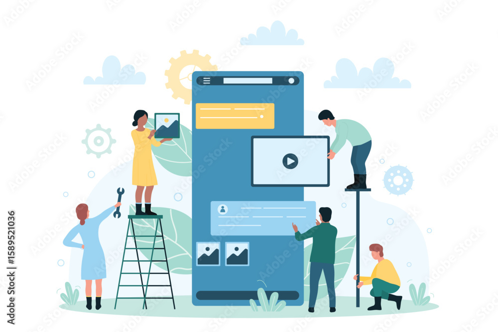 Poster mobile app development, creative content creation with tiny people. cartoon developers making applic
