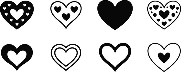 A collection of decorative heart icons. This set includes various black and white designs, such as solid, outlined, and patterned hearts for Valentine's Day and romantic themes.
