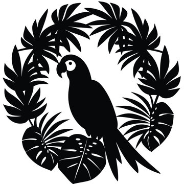Black parrot perched amidst lush tropical foliage macow jungle