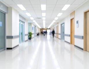 Obraz premium Blur abstract background of corridor in clean hospital. Blurred view of aisle in office with light floor. Blurry lobby and waiting area in hotel. Defocused empty area for event hall in shopping mall.