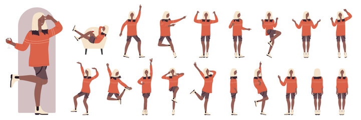 African american black girl on fun dance party in dynamic actions, side, front and back view set vector illustration. Cartoon excited young woman posing, dancing to music, drinking wine in armchair