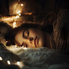 Serene Young Woman Sleeping Peacefully Under Fairy Lights Cozy Winter Night