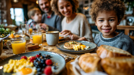 Family enjoying a delicious breakfast together. The bright morning light fills the room, showcasing the food and smiles.