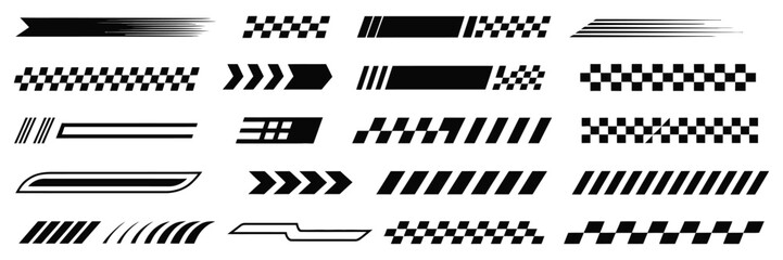 Racing cars and race car stripes set, angled checkered patterns, checkered flags, finish line motifs, motocross labels, dynamic speed lines, motorsport decals, and vehicle tuning stickers
