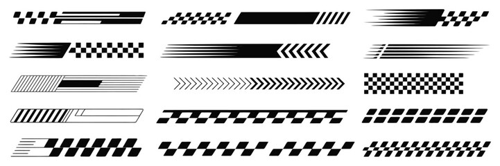 Racing cars and race car stripes set, angled checkered patterns, checkered flags, finish line motifs, motocross labels, dynamic speed lines, motorsport decals, and vehicle tuning stickers
