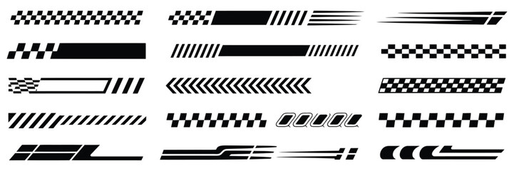 Race car stripes and racing graphics set with checkered flag patterns, angled dynamic lines, finish line symbols, motocross labels, motorsport decals, and vehicle tuning stickers for speed enthusiasts