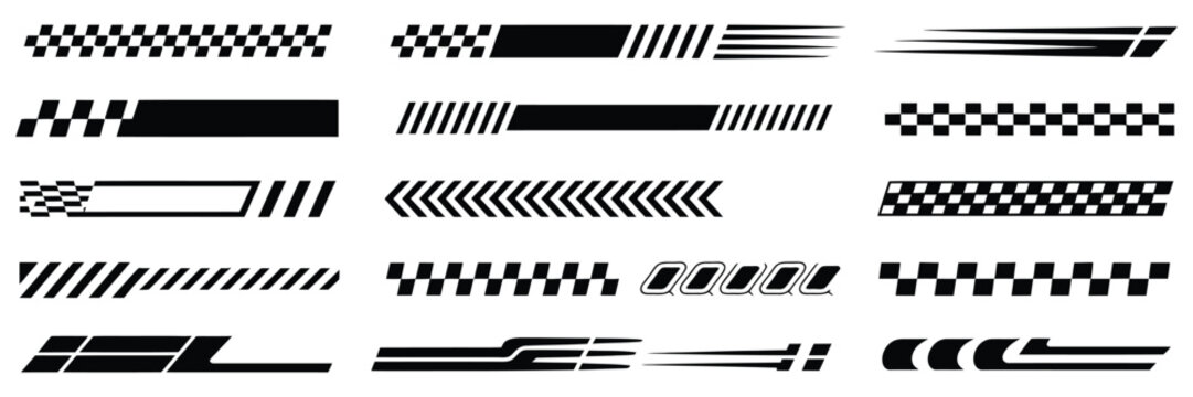 Race car stripes and racing graphics set with checkered flag patterns, angled dynamic lines, finish line symbols, motocross labels, motorsport decals, and vehicle tuning stickers for speed enthusiasts