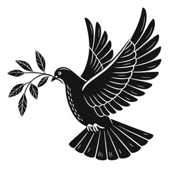 Black and white dove carrying olive branch in its beak