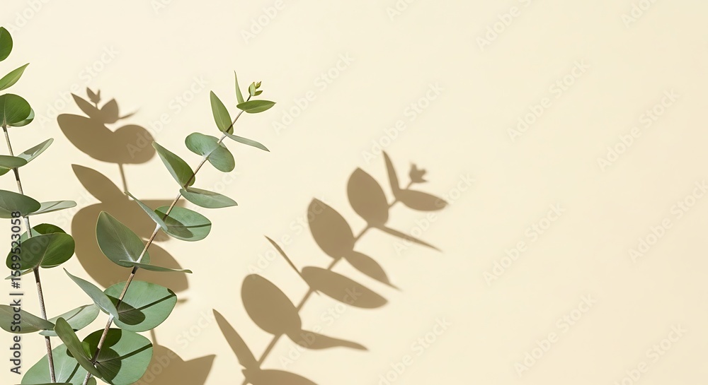 Poster eucalyptus branch with green leaves casting a shadow on a beige background creates a natural and min
