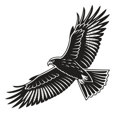 Stylized black and white illustration of a flying eagle