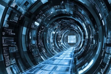 Obraz premium Navigating a Futuristic Digital Tunnel with Glowing Circuit Pathway Design