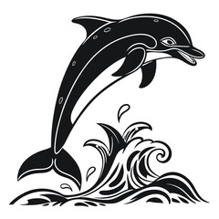 Dolphin jumping out of water in black and white design art