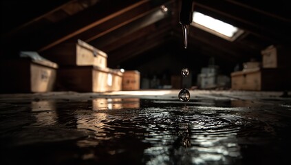 Water Droplet Dripping from Attic Ceiling with Natural Light and Shadows – Concept of Indoor Water Damage